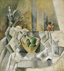 Pablo Picaso: Carafe, Jug, and fruit Bowl (1909) example of Cubism)