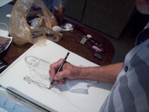 Artist, R. D. Burton, Sketching "father time" for his drawing and painting.