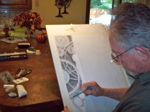 Artist, Richard D. Burton, working on Graphite Drawing: Grinding Gears of Time