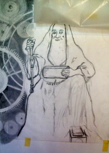 Rough Sketch Of 'Father Time' Taped on Drawing