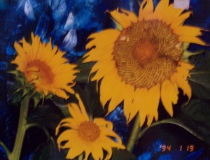 Lynn Burton: Sunflowers in Blue (oil on board)