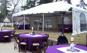 Tent, table, and candles~estate small house in background